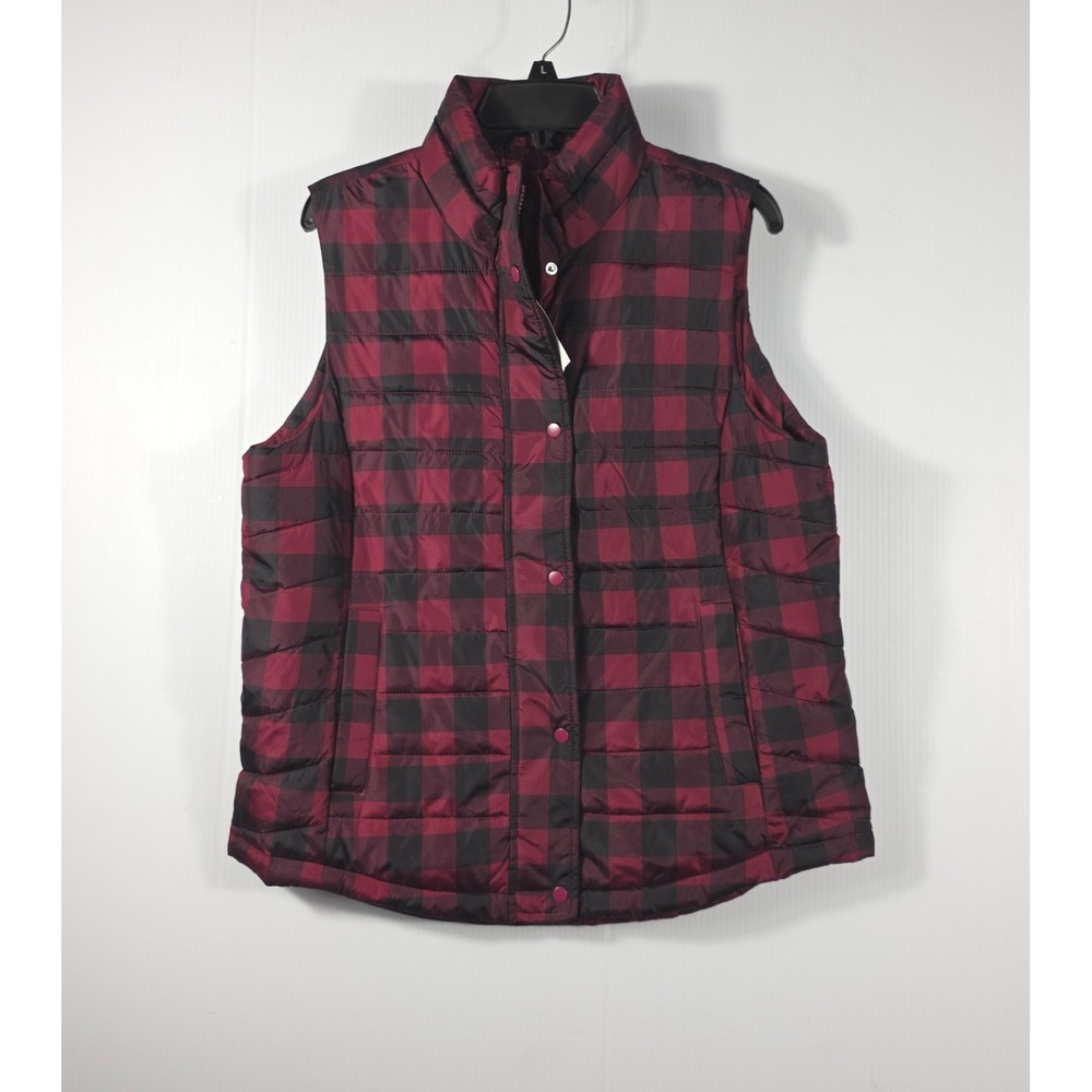 Gap Womens Buffalo Plaid Puffer Vest Burgundy Black Quilted Snap Front Large